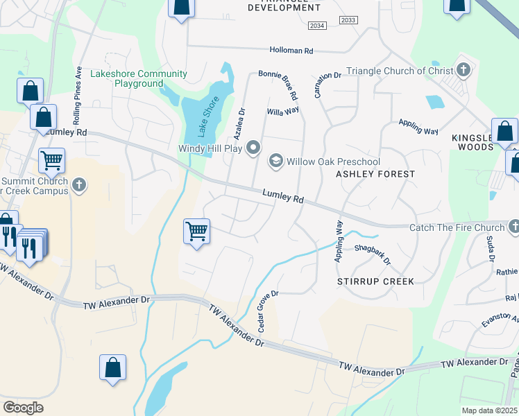 map of restaurants, bars, coffee shops, grocery stores, and more near 3502 Skybrook Lane in Durham