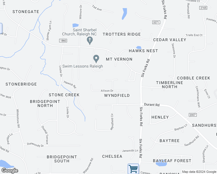 map of restaurants, bars, coffee shops, grocery stores, and more near 14200 Allison Drive in Raleigh