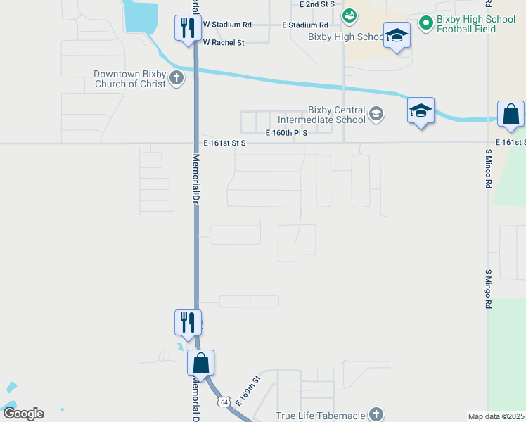 map of restaurants, bars, coffee shops, grocery stores, and more near 8319 East 164th Street South in Bixby