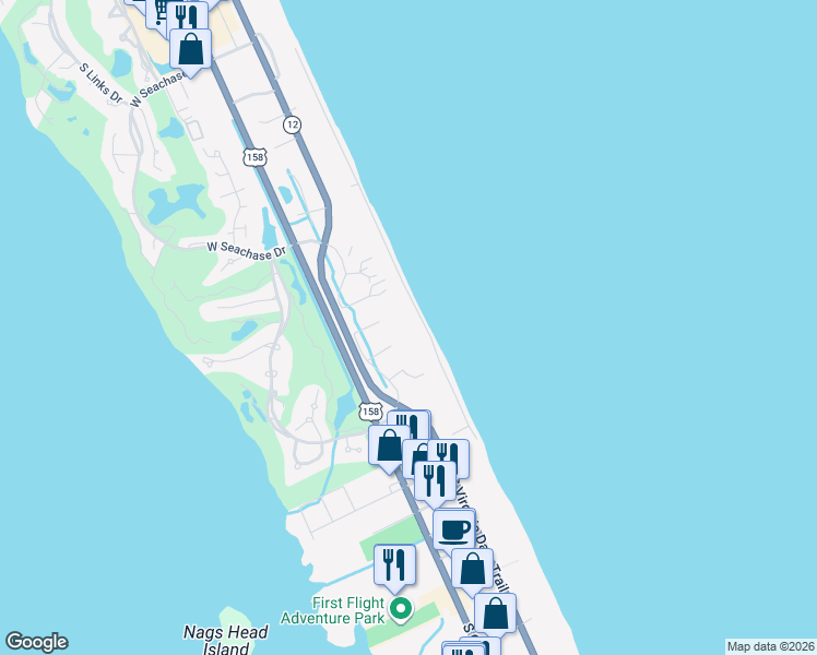 map of restaurants, bars, coffee shops, grocery stores, and more near 114 Sea Holly Court in Nags Head