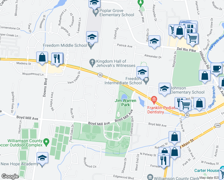 map of restaurants, bars, coffee shops, grocery stores, and more near 1309 Clairmonte Lane in Franklin