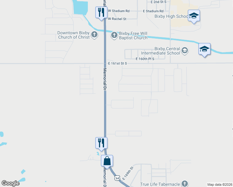 map of restaurants, bars, coffee shops, grocery stores, and more near 8219 East 164th Street South in Bixby