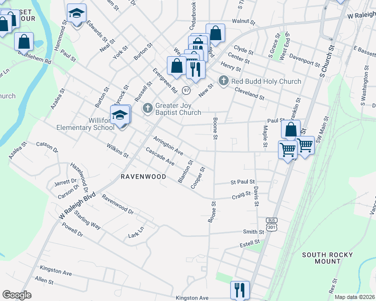 map of restaurants, bars, coffee shops, grocery stores, and more near 504 Arrington Avenue in Rocky Mount