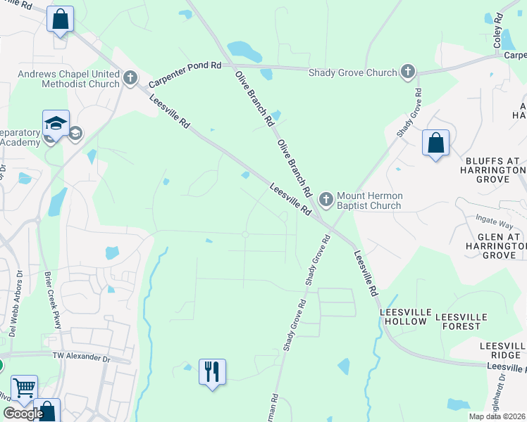 map of restaurants, bars, coffee shops, grocery stores, and more near 7108-7324 Leesville Road in Durham