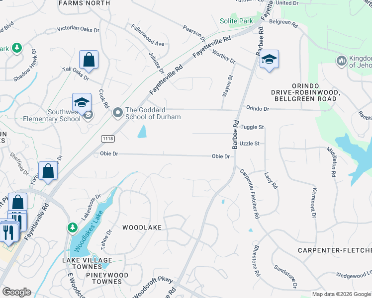 map of restaurants, bars, coffee shops, grocery stores, and more near 321 Obie Drive in Durham