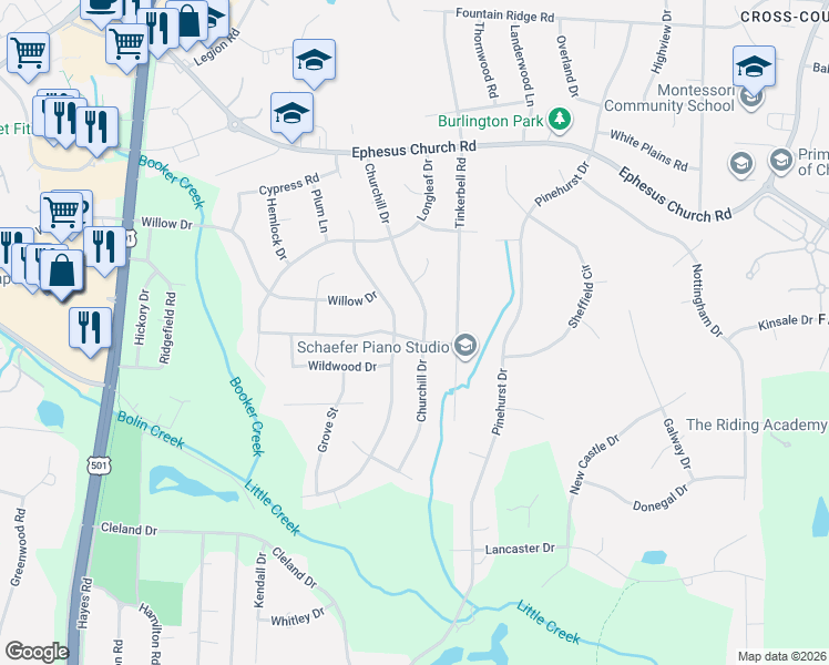 map of restaurants, bars, coffee shops, grocery stores, and more near 801 Churchill Drive in Chapel Hill