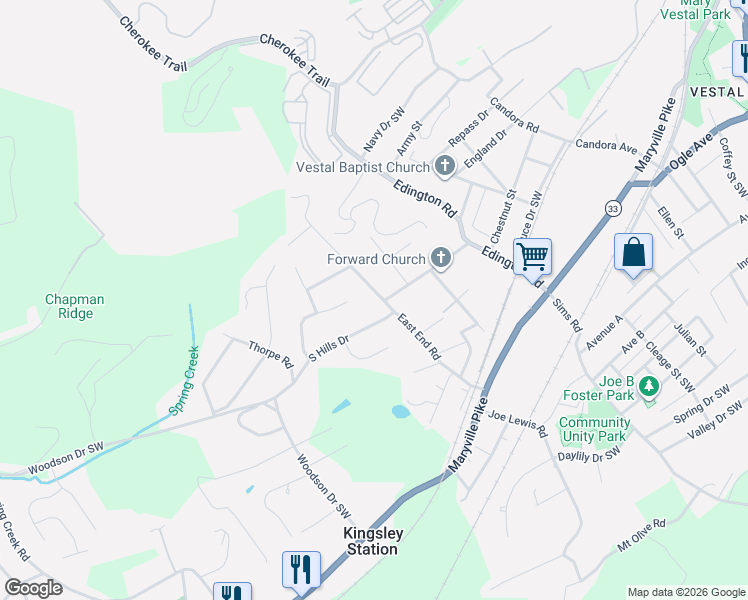 map of restaurants, bars, coffee shops, grocery stores, and more near 4417 Wells Road in Knoxville