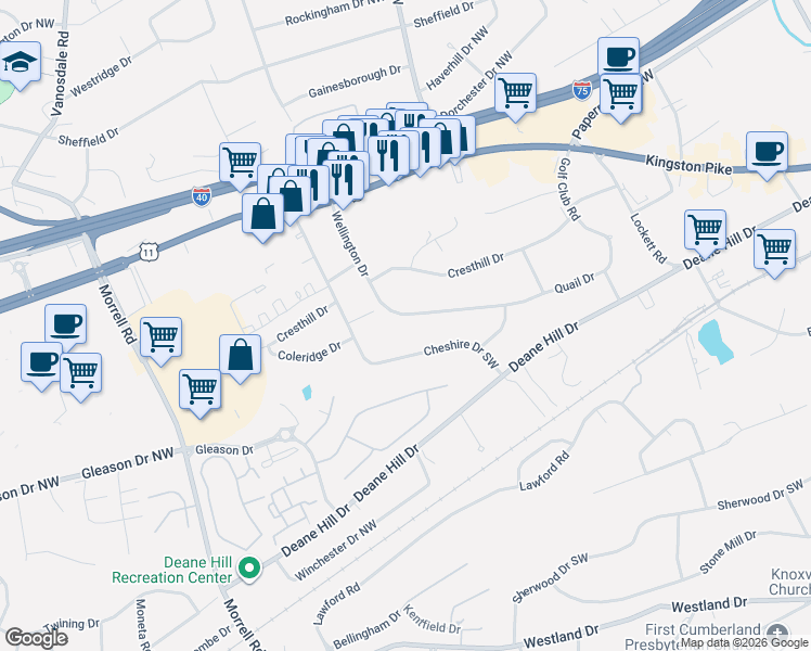 map of restaurants, bars, coffee shops, grocery stores, and more near 7133 Cheshire Drive in Knoxville