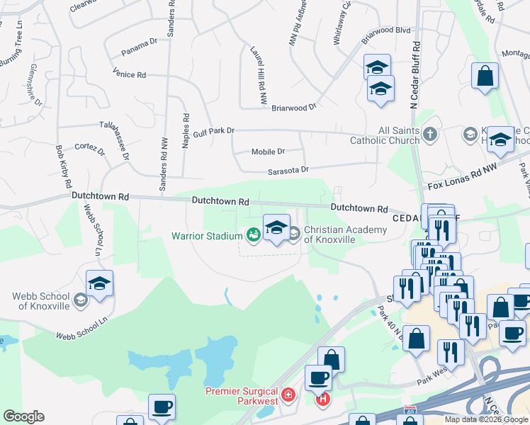 map of restaurants, bars, coffee shops, grocery stores, and more near 9512 Hyacinth Way in Knoxville