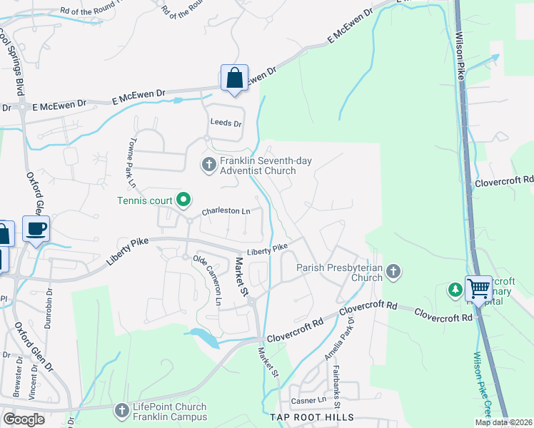 map of restaurants, bars, coffee shops, grocery stores, and more near 1416 Marrimans Court in Franklin
