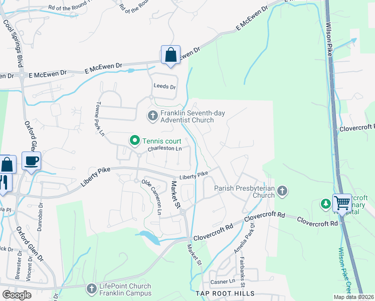 map of restaurants, bars, coffee shops, grocery stores, and more near 1416 Marrimans Court in Franklin