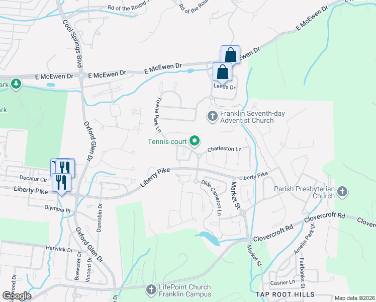 map of restaurants, bars, coffee shops, grocery stores, and more near 1207 Homewood Court in Franklin
