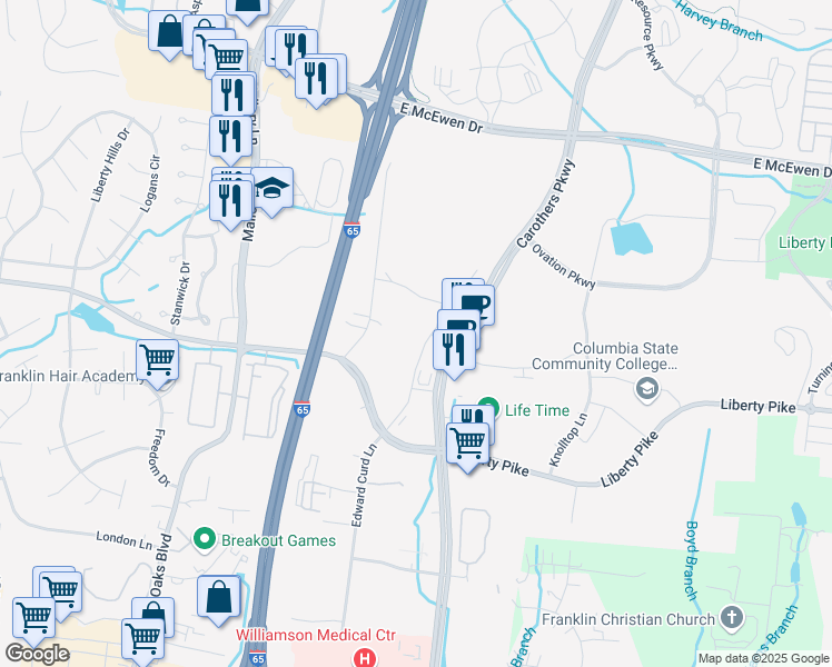 map of restaurants, bars, coffee shops, grocery stores, and more near 4601 Carothers Parkway in Franklin
