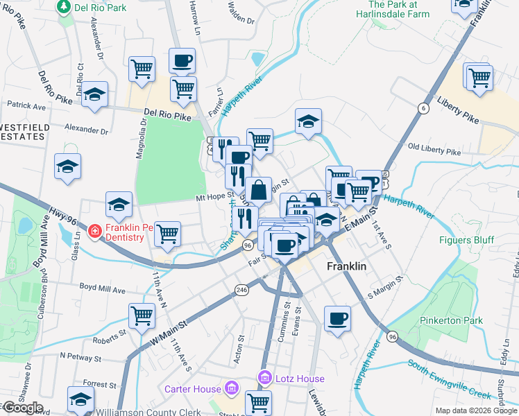 map of restaurants, bars, coffee shops, grocery stores, and more near 221 4th Avenue North in Franklin