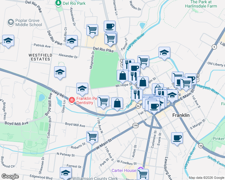 map of restaurants, bars, coffee shops, grocery stores, and more near 367 9th Avenue North in Franklin