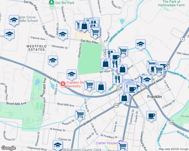 map of restaurants, bars, coffee shops, grocery stores, and more near 615 Johnson Alley in Franklin
