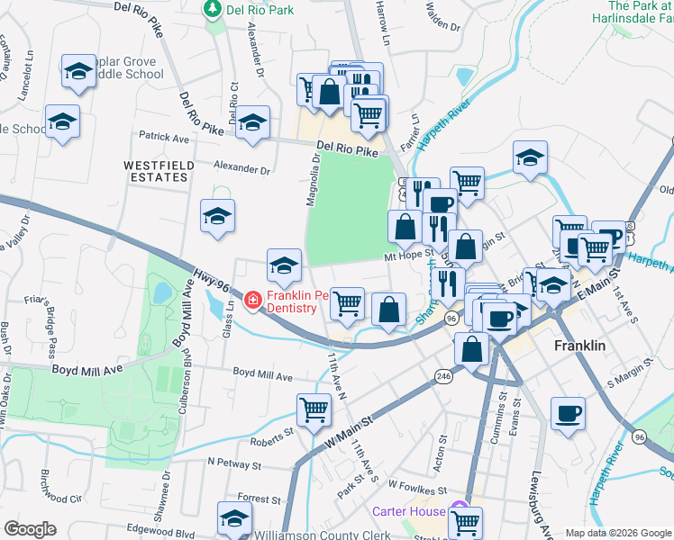 map of restaurants, bars, coffee shops, grocery stores, and more near 520 11th Avenue North in Franklin