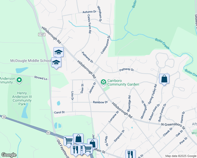 map of restaurants, bars, coffee shops, grocery stores, and more near 1132 Hillsborough Road in Chapel Hill
