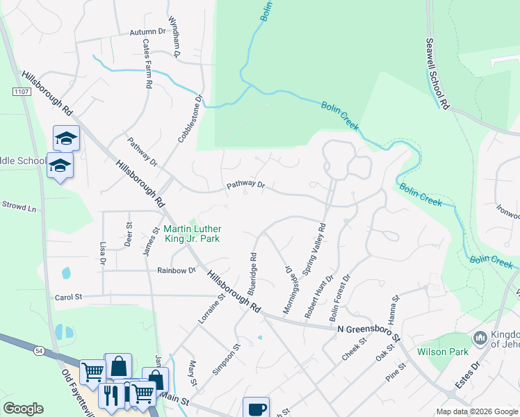 map of restaurants, bars, coffee shops, grocery stores, and more near 305 Blueridge Road in Carrboro