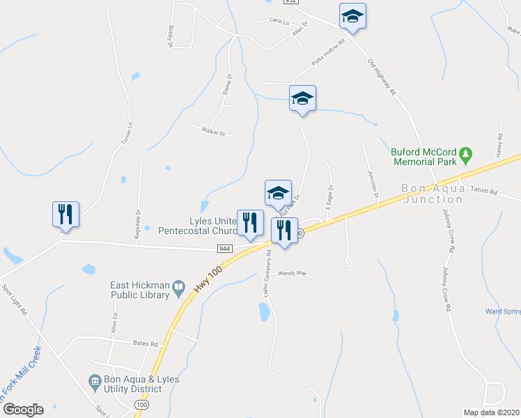 map of restaurants, bars, coffee shops, grocery stores, and more near 9615 East Ball Park Road in Lyles