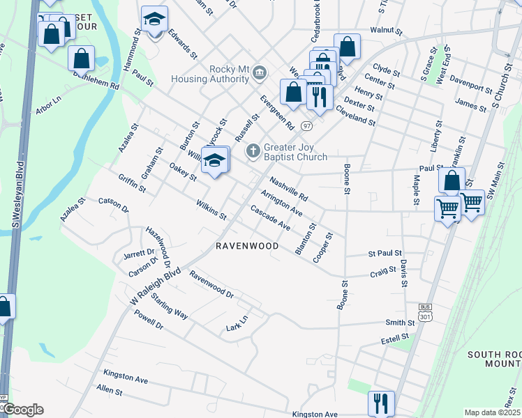 map of restaurants, bars, coffee shops, grocery stores, and more near 700 Cascade Avenue in Rocky Mount