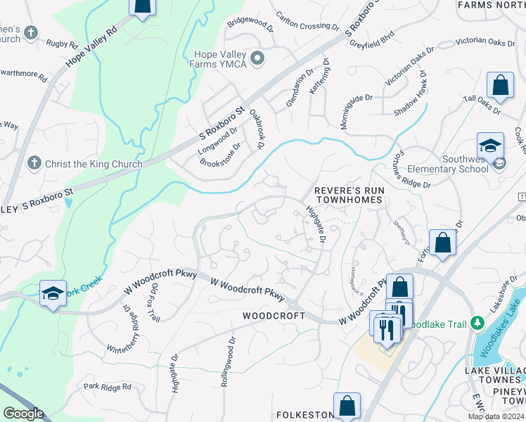 map of restaurants, bars, coffee shops, grocery stores, and more near 3803 Chimney Ridge Place in Durham