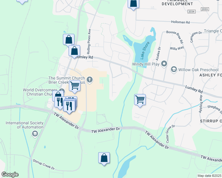 map of restaurants, bars, coffee shops, grocery stores, and more near 2908 Thoreau Drive in Durham