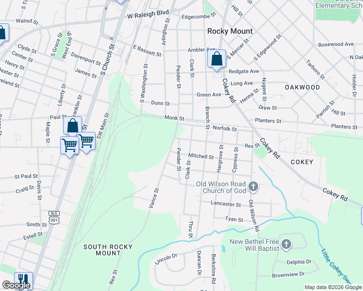 map of restaurants, bars, coffee shops, grocery stores, and more near 1207 Pender Street in Rocky Mount
