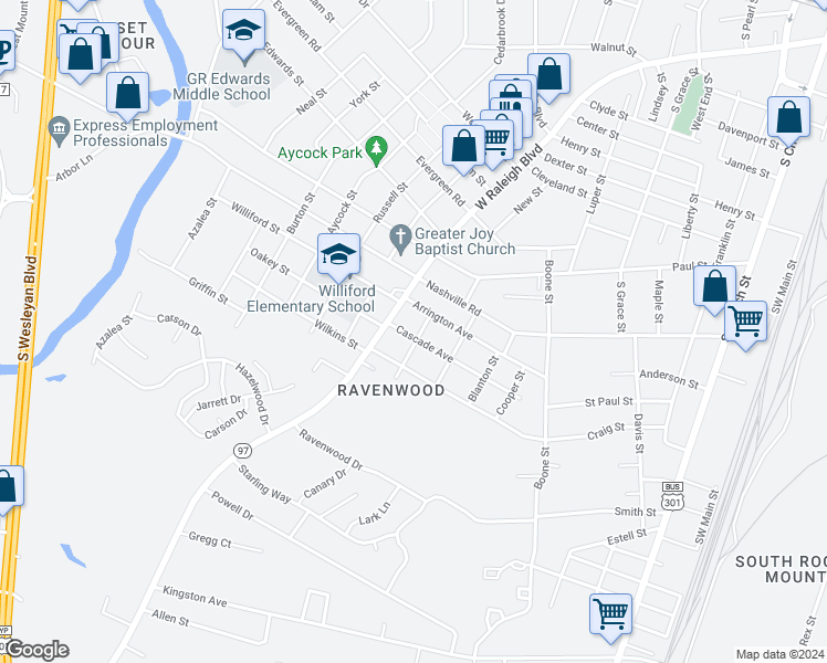 map of restaurants, bars, coffee shops, grocery stores, and more near 700 Cascade Avenue in Rocky Mount