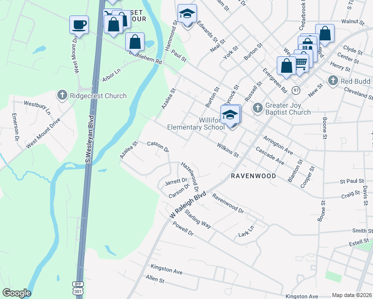 map of restaurants, bars, coffee shops, grocery stores, and more near 1809 Burton Street in Rocky Mount