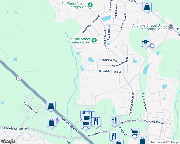 map of restaurants, bars, coffee shops, grocery stores, and more near 217 Rosedale Creek Drive in Durham