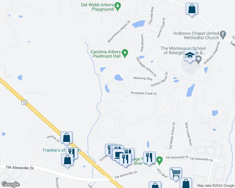 map of restaurants, bars, coffee shops, grocery stores, and more near 217 Rosedale Creek Drive in Durham