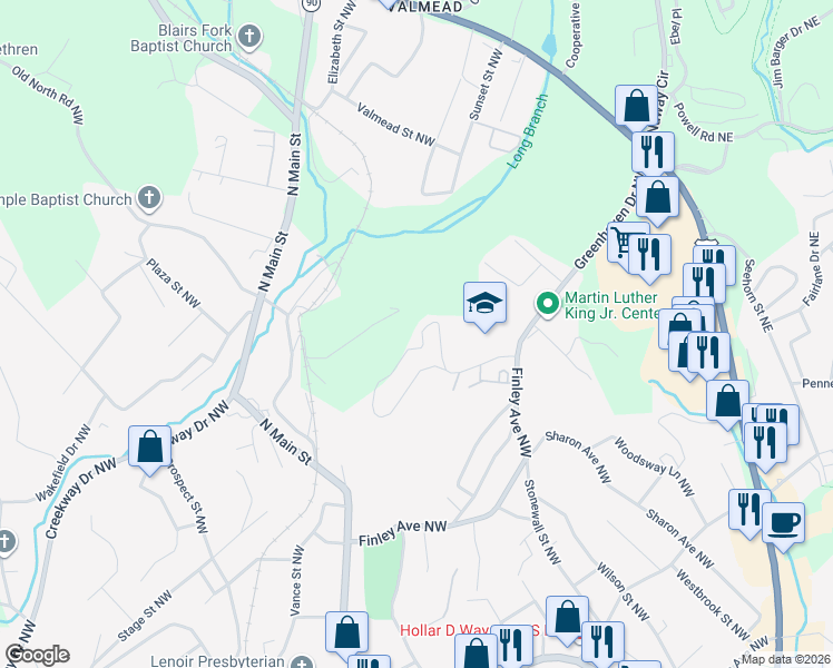 map of restaurants, bars, coffee shops, grocery stores, and more near 439 Arlington Circle Northwest in Lenoir
