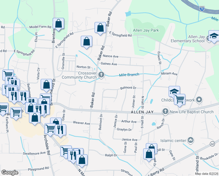 map of restaurants, bars, coffee shops, grocery stores, and more near 714 Belmont Drive in High Point