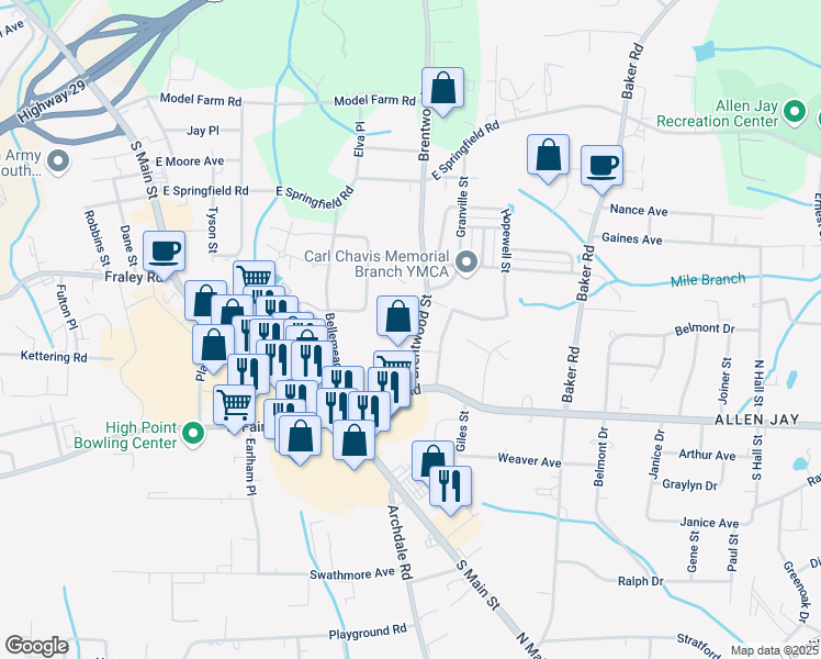map of restaurants, bars, coffee shops, grocery stores, and more near 2410 Brentwood Street in High Point