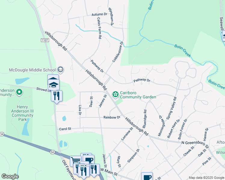 map of restaurants, bars, coffee shops, grocery stores, and more near 1132 Hillsborough Road in Chapel Hill