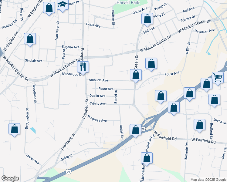 map of restaurants, bars, coffee shops, grocery stores, and more near 229 Dublin Avenue in High Point