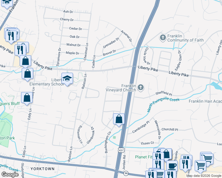 map of restaurants, bars, coffee shops, grocery stores, and more near 1301 Buckingham Circle in Franklin