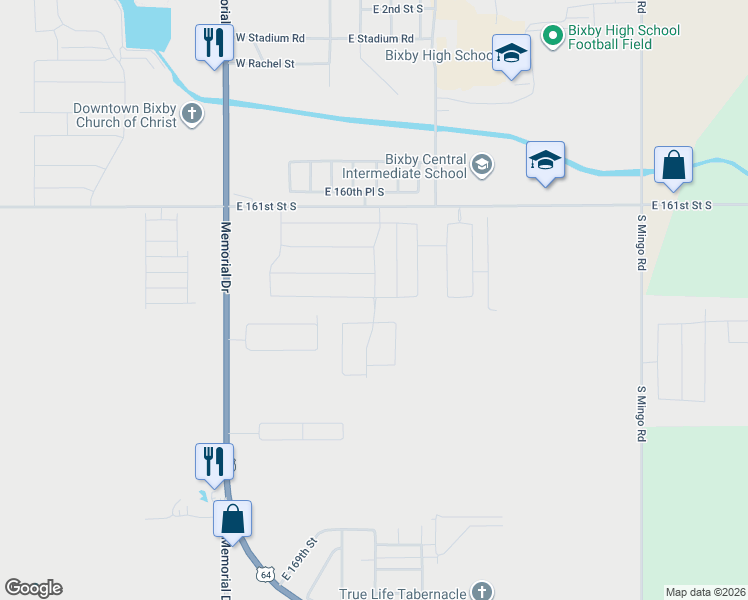 map of restaurants, bars, coffee shops, grocery stores, and more near 9040 East 161st Street South in Bixby