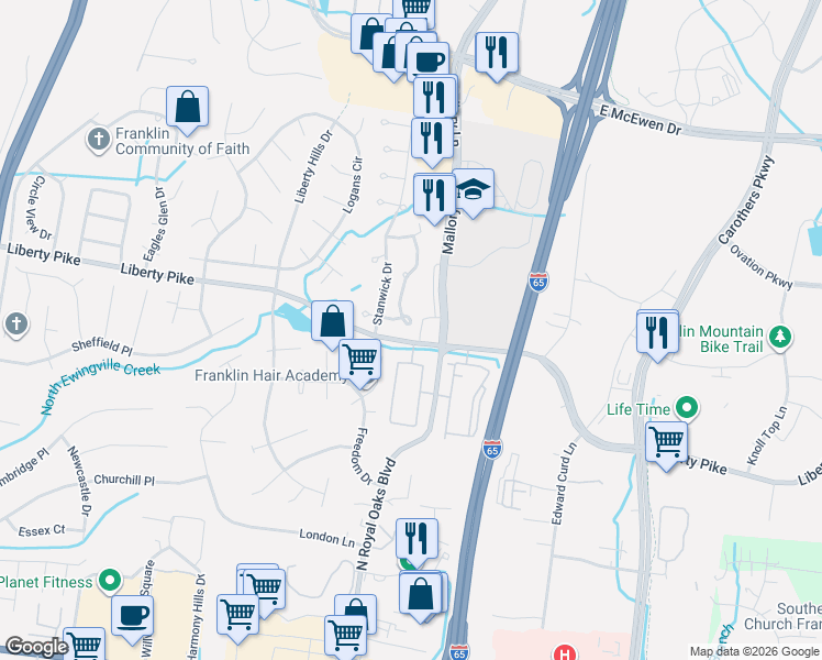 map of restaurants, bars, coffee shops, grocery stores, and more near 28 Franklin Oaks 1 in Franklin