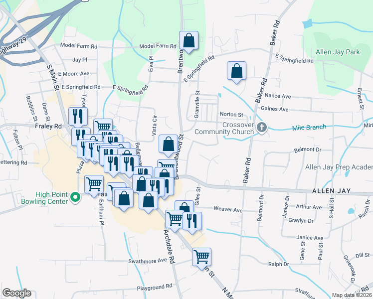 map of restaurants, bars, coffee shops, grocery stores, and more near 127 Thomas Street in Archdale