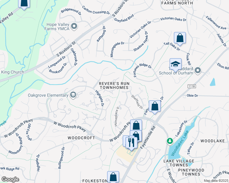 map of restaurants, bars, coffee shops, grocery stores, and more near 50 Preakness Drive in Durham