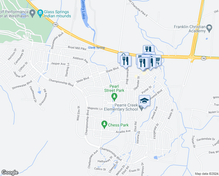 map of restaurants, bars, coffee shops, grocery stores, and more near 205 Pearl Street in Franklin