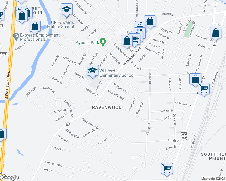 map of restaurants, bars, coffee shops, grocery stores, and more near 1416 Betz Street in Rocky Mount
