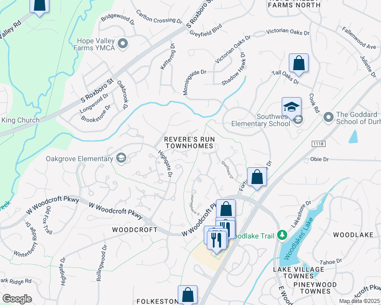 map of restaurants, bars, coffee shops, grocery stores, and more near 50 Preakness Drive in Durham