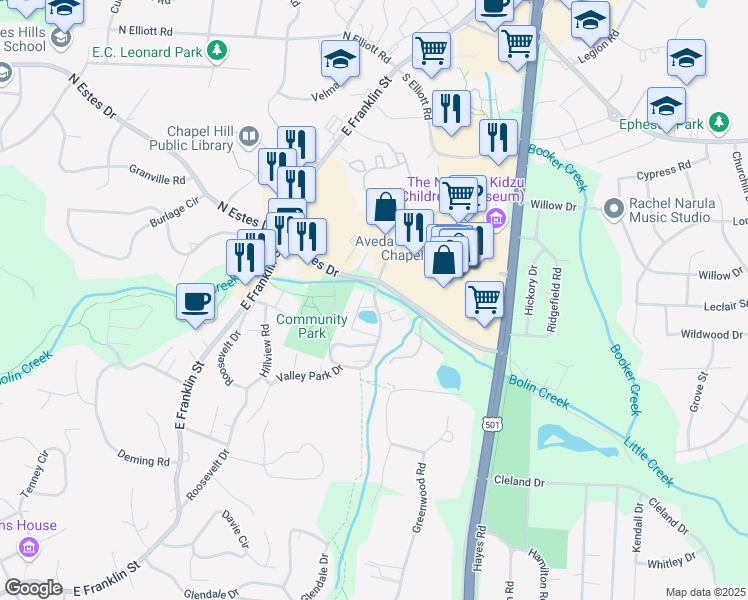 map of restaurants, bars, coffee shops, grocery stores, and more near 600 Shepherd Lane in Chapel Hill