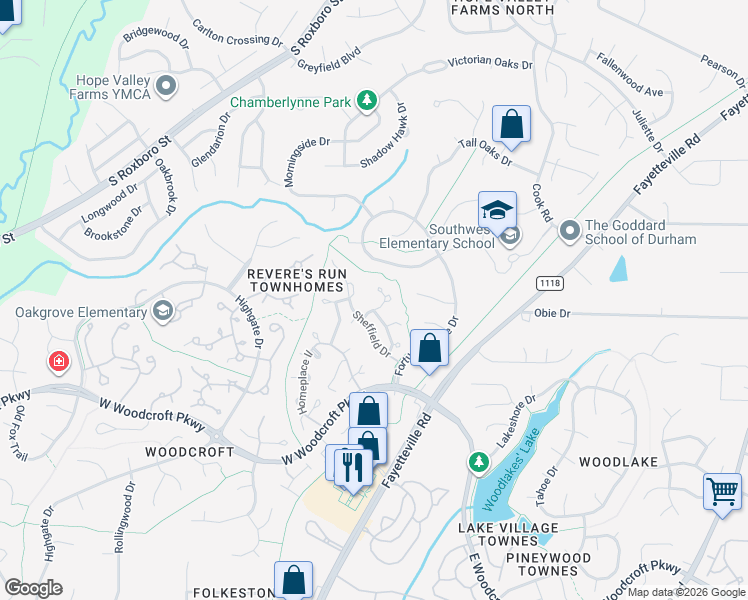 map of restaurants, bars, coffee shops, grocery stores, and more near 5500 Fortunes Ridge Drive in Durham