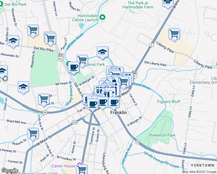 map of restaurants, bars, coffee shops, grocery stores, and more near 126 3rd Avenue North in Franklin