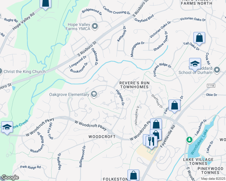 map of restaurants, bars, coffee shops, grocery stores, and more near 8 Hearthwood Circle in Durham