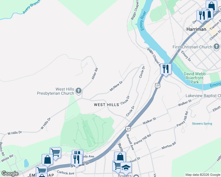map of restaurants, bars, coffee shops, grocery stores, and more near 143 McNew Drive in Harriman